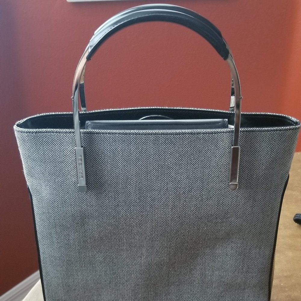 RARE LANCEL PARIS LOGO HERRINGBONE GRAY BLACK LEATHER SILVER HANDBAG BAG PURSE